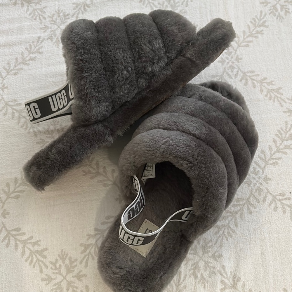 UGG Gray Fluffy Slippers